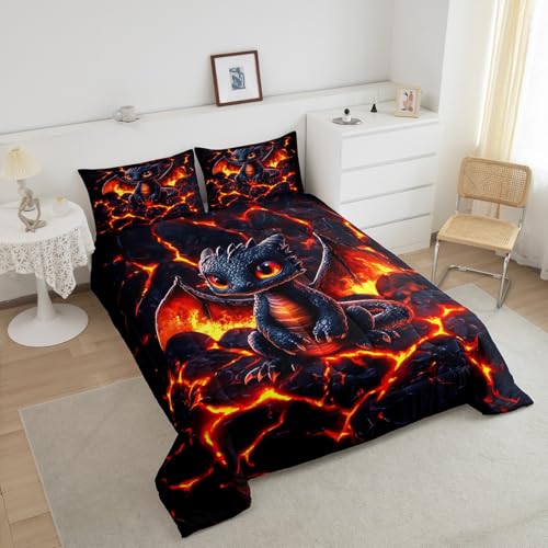 Manfei Dragon Comforter Set Twin Size,Volcano Eruption 3D Red Lava Flame Print Bedding Set 2 Pcs for Boys Girls,Cute Black Dragon Mystic Animal Natural Disaster Down Comforter,1 Pillowcase Manfei