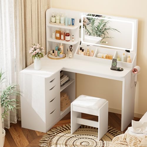 YESHOMY Vanity Desk with Lights and Mirror, L Shaped Makeup Table, Dresser with Hairdryer Holder and Power Outlet, Adjustable 3 Lighting Modes, 5 Drawers and Adjustabled Open Storage Shelves, White YESHOMY