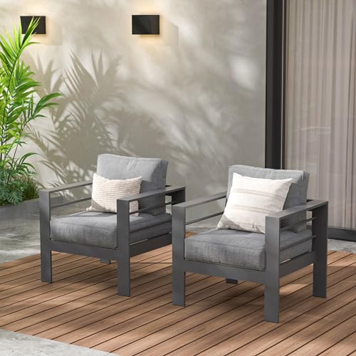 Wisteria Lane 2 Pieces Patio Furniture Aluminum Armchair, All-Weather Outdoor Single Sofa, Grey Metal Chair with Dark Grey Cushions - WoodArtSupply