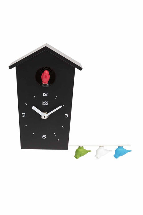 KOOKOO Birdhouse Mini Black, Tiny Modern Cuckoo Clock with 12 Natural Bird Songs or Cuckoo Call KOOKOO