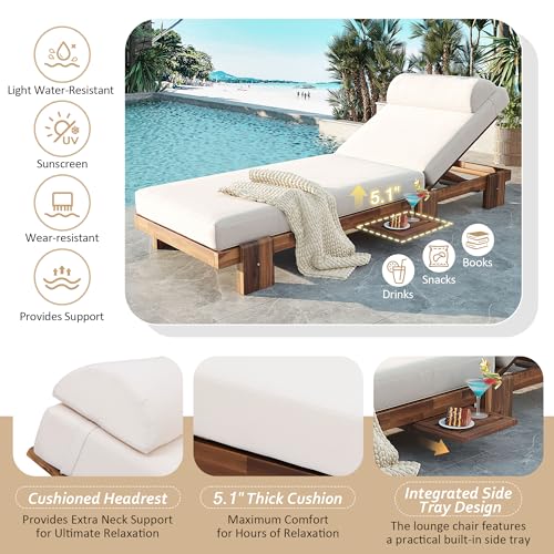 Acacia Wood Outdoor Patio Chaise Lounge Chair, All Weather Reclining Chairs Lounge Chairs with Adjustable Reclining Backrest and Cushions for Terrace, Poolside, Garden, and Beach (Beige-1.26)