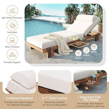 Acacia Wood Outdoor Patio Chaise Lounge Chair, All Weather Reclining Chairs Lounge Chairs with Adjustable Reclining Backrest and Cushions for Terrace, Poolside, Garden, and Beach (Beige-1.26) VilroCaz