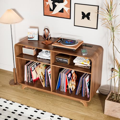 Record Player Stand with Vinyl Storage Cabinet with Charging Station & USB Ports, Turntable Stand Table Holds Up to 350 Albums, Curved Vinyl Record Cabinet for Living Room (Walnut, 42.5-inch) Boweniog