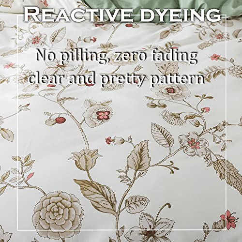 FADFAY Floral Bedding Set Full 100% Cotton Shabby and Chic Beige Green Reversible Duvet Cover Vintage Pink Flower Print Bed Covers Luxury Girls Pretty Bowknot Soft Crisp Zipper Comforter Cover 3Pcs FADFAY