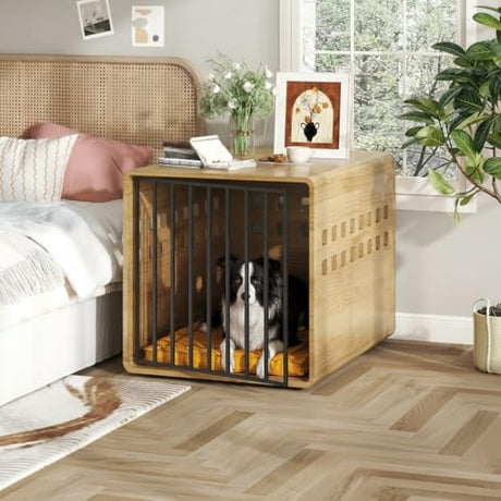 Timechee Wooden Furniture Dog Crate for Medium & Small, Solid Wood Puppy Crates for Small Indoor, Decorative Dog Kennel Indoor with Door, Pet House End Table for Bedroom, Living Room, Natural Timechee