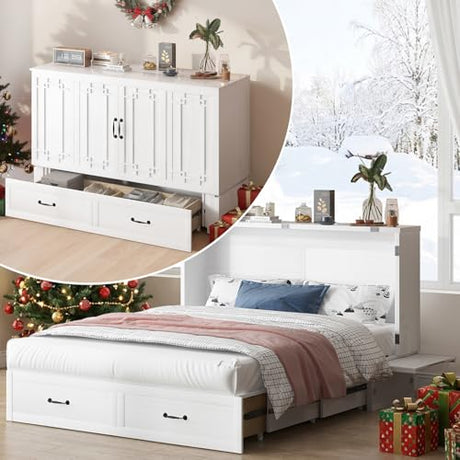 Mjkone Queen Murphy Bed, Modern Cabinet Bed with Tri-Folding Mattress & USB Charging Station, Space-Saving Adult Guest Beds with 2 Drawers & Side Storage Board for Bedroom/Living Room (White) Mjkone