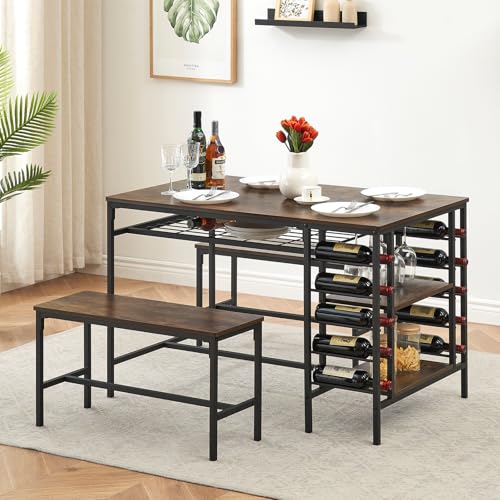 Dining Table Set for 4, Kitchen Table with 2 Benches, Wine Rack and Storage Shelf, Rectangular Dining Room Table Set, 3 Piece Dining Table Set for Small Space, Apartment, Dinette, Rustic Brown coucheta