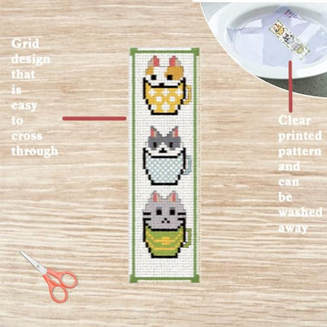 FREEBLOSS 6 Set Cross Stitch Bookmark Kit Counted Cross Stitch Kit Embroidery Bookmarks with Instruction Cartoon Cat Embroidery Kit for Beginners Adults 8''x2.4'' FREEBLOSS
