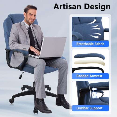CLATINA Cloth Office Chair Fabric Desk Chair, Adjustable Height Rolling Swivel Executive Chair with Padded Armrests and Wheels, Mid Back Ergonomic Computer Task Chair for Home Office, Blue, 350 LBS CLATINA