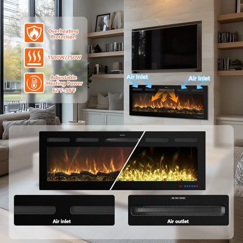 Mystflame 50 Inch WiFi-Enabled Recessed Electric Fireplace Inserts with Log Speaker,Alexa/Google Compatible,Wall Mounted & Freestanding Fireplace Heater,13 Adjustable Colors,5 Brightness Levels,Timer Mystflame