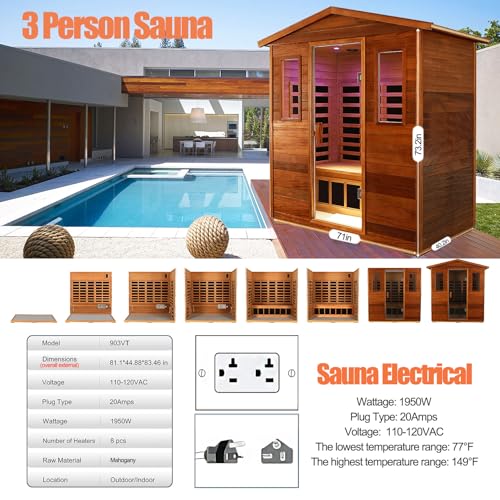 3 Person Sauna Outdoor Sauna Far Infrared Saunas Ultra Low EMF Infrared Sauna for Home 1950W 20Amps Indoor Sauna Mahogany Wooden Sauna Spa with Beauty Red Light, Foldable Seat, Headrest, 0-5mG SALUSHEAT