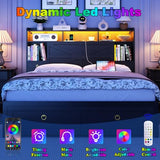 Etditrnp Full Bed Frame with Storage Headboard, Farmhouse Platform Bed Frame with Bookshelf, Drawers, LED Lights and Charging Station, Metal Slats Support, Noise Free, No Box Spring Needed, Black Etditrnp