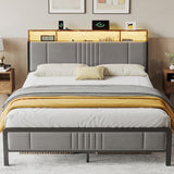 BedsPick Queen Bed Frame with Ergonomic Headboard, Upholstered Metal Platform Bed Queen Size with 2-Tier Storage, Charging Station, Smart LED Lights, Easy Assembly, No Box Spring Needed, Gray BedsPick