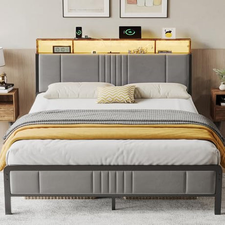 BedsPick Queen Bed Frame with Ergonomic Headboard, Upholstered Metal Platform Bed Queen Size with 2-Tier Storage, Charging Station, Smart LED Lights, Easy Assembly, No Box Spring Needed, Gray BedsPick