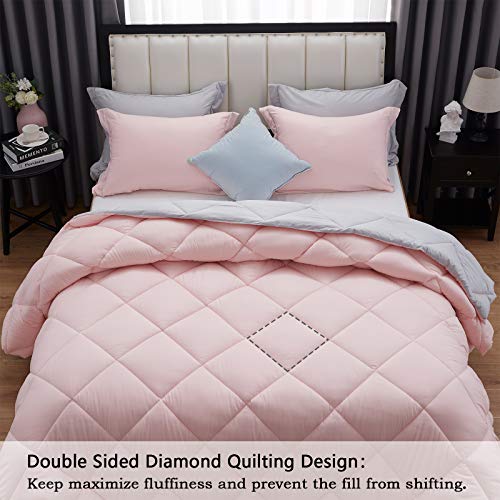 NexHome Twin Comforter Set Pink&Grey,2 Pieces Lightweight Comforters Twin Size Reversible Bedding Comforters Sets,Down Alternative Comforter Bed Set Quilt Blanket(68x88In Comforter & 1 Pillowsham) NexHome