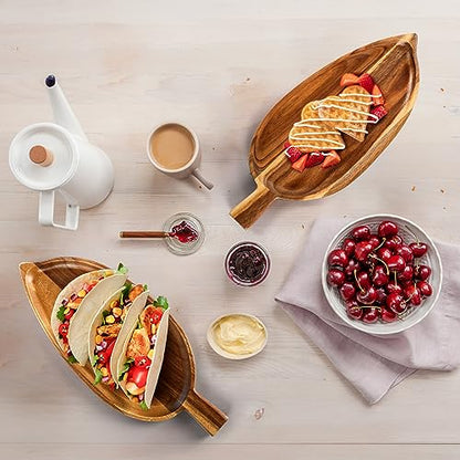 Youeon 2 Pcs Acacia Wood Serving Platters, 13" x 5.5" Leaf Shaped Food Serving Trays for Entertaining, Small Cheese Platter Board for Fruit, Charcuterie, Dessert, Appetizer - WoodArtSupply