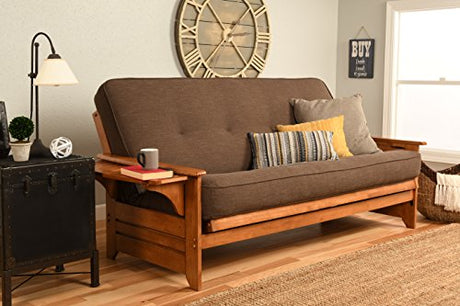 Phoenix Full Size Futon Couch with Linen Fabric Mattress in Barbados/Brown Included - Wooden Frame - Solid Hardwood Construction Kodiak Furniture