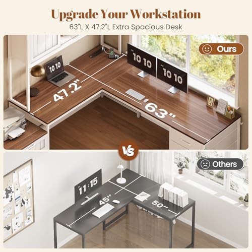 SEDETA Farmhouse L Shaped Office Desk with 6 Drawer, Reversible Computer Desk with Power Outlet, Hutch for Home Office/Two Person, Corner Desk with File Drawer & Printer Storage Shelves, White SEDETA