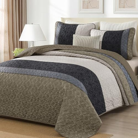 Cottolester Quilt Set Queen Size 3 Pieces,Striped Plaid Bedspread Coverlet Set,Taupe Boho Bedding Set Soft Microfiber Bedding Set with 2 Pillow Shams 96"x90" Cottolester