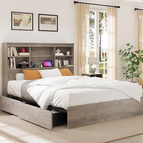 GarveeHome Full Size Bed Frame with High Storage Bookcase Headboard, Wood Bed Frame with 4 Storage Drawers, Built in Charging Station, No Box Spring Needed, Metal Frame, Noise-Free, Grey GarveeHome