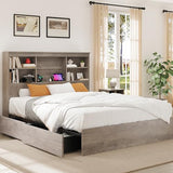 GarveeHome Full Size Bed Frame with High Storage Bookcase Headboard, Wood Bed Frame with 4 Storage Drawers, Built in Charging Station, No Box Spring Needed, Metal Frame, Noise-Free, Grey GarveeHome