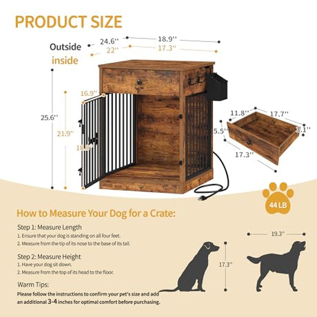 Hzuaneri 24'' Dog Crate Furniture with Charging Station, Dog Kennel Indoor with Flip-Top Storage, Wooden Pet Cage Dogs House End Side Table for Small Dogs Anti-Chew Anti-Escape, Rustic Brown DFC90101B Hzuaneri