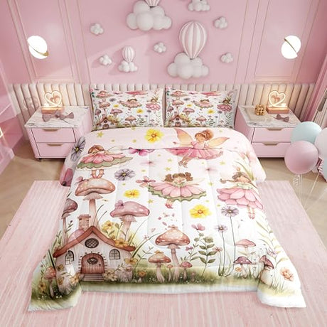 Erosebridal Girls Pink Fairy Comforter Set Twin Size,Flower Fairy Bedding Set for Kids Room Decor,Mushroom Floral Quilt Bed Set Watercolor Butterfly Flowers Bed Comforter Sets with 1 Pillowcase Erosebridal