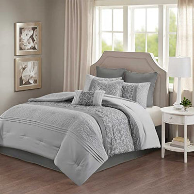 510 DESIGN Luxe Quilted Comforter Set Modern Transitional Design, All Season Down Alternative Warm Bedding Matching Shams, Bedskirt, Decorative Pillow, Cal King, Ramsey Damask Grey