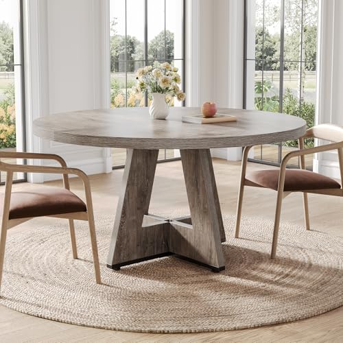 LITTLE TREE Round Dining Table for 4-6 People, 47 Inches Dining Room Table with Wooden Pedestal Base, Grey Dinner Table, Circle Kitchen Table for Dining Room, Kitchen, Living Room(Table Only) LITTLE TREE