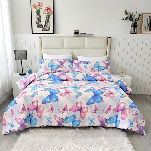 SDIII 3PCS Colorful Butterfly Comforter Set Full, Soft Microfiber Lightweight Full Butterfly Comforter, Butterflies Bedding for Girls Boys Kids Teens SDIII