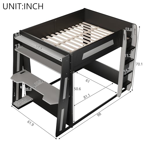 MERITLINE Queen Size Gaming Bunk Bed with Built-in Desk, RGB LED Lights & USB Port, Cable Management System & PC Tower Space, Overhead Storage Shelves, Full-Length Guardrails, Black+Grey MERITLINE