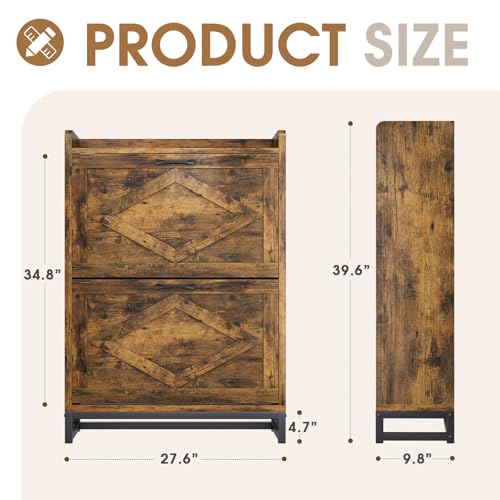 GRUSIGN Shoe Cabinet, Shoe Storage Cabinet with 2 Flip Drawers & Adjustable Shelf, Space-Saving Shoe Organizer – Holds 12+ Pairs, Narrow Shoe Cabinet Storage for Entryway/Hallway（Brown） GRUSIGN