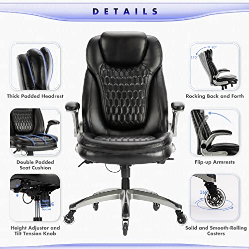 Executive Office Chair-Ergonomic Computer Desk Chair, High Back Leather Chair with Padded Flip-up Arms, Swivel Home Office Chair Upgraded Caster-Black COLAMY