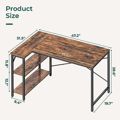 Huuger L Shaped Computer Desk with Reversible Storage Shelves, Gaming Corner Desk for Home Office, Writing Study Desk with Metal Frame, Rustic Brown - WoodArtSupply