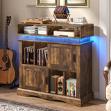 St.Mandyu Record Player Stand with Sliding Doors, 15.7" D x 39.4" W x 40" H Record Storage Cabinet with Charging Station Holds Up to 450 Albums, Vinyl Display Shelf for Living Room, Brown St.Mandyu