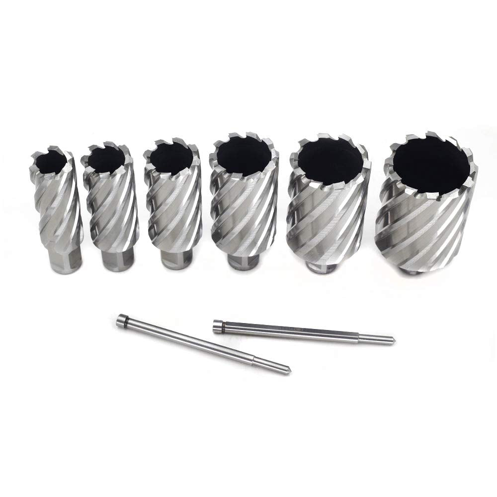 Annular Cutter Set 6pcs JESTUOUS 3/4 Inch Weldon Shank 2 Inches Cutting Depth 1 to 2 Cutting Diameter Two Flat HSS Slugger Bits for Drill Press with 2 Pilot Pins - WoodArtSupply