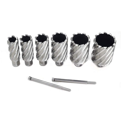 Annular Cutter Set 6pcs JESTUOUS 3/4 Inch Weldon Shank 2 Inches Cutting Depth 1 to 2 Cutting Diameter Two Flat HSS Slugger Bits for Drill Press with 2 Pilot Pins - WoodArtSupply