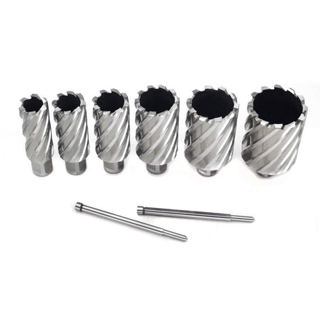 Annular Cutter Set 6pcs JESTUOUS 3/4 Inch Weldon Shank 2 Inches Cutting Depth 1 to 2 Cutting Diameter Two Flat HSS Slugger Bits for Drill Press with 2 Pilot Pins JESTUOUS
