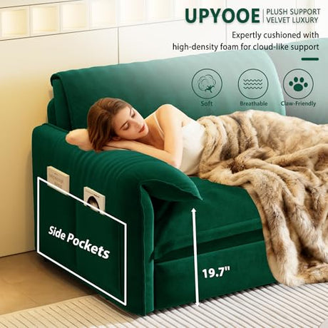 UPYOOE 63.8" Futon Sofa Bed Queen Size, Pull Out Bed, 3-in-1 Convertible Sleeper Sofa with Side Pocket, Modern Velvet Futon Couch for Living Room, Small Space, Apartment, Bedroom, Green UPYOOE