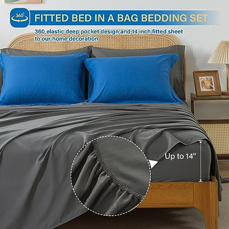 Cosybay Bed in a Bag Full Comforter Sets 7pcs All Season Solid Down Alternative Bedding Sets Blue and Grey with Comforter, Pillow Shams, Flat Sheet, Fitted Sheet and Pillowcases Cosybay