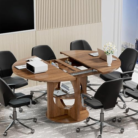 Xyulmeo Extendable Round Conference Table for 4-6, 43-59 Inch Oval Meeting Room Table with Storage, Wood Walnut Circle Table with Leaf, Space Saving, for Office, Conference Room, Boardroom, Seminar Xyulmeo