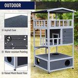 PawHut Wooden Outdoor Cat House, Feral Cat Shelter Kitten Condo with Asphalt Roof, Escape Doors, Condo, Jumping Platform, Grey PawHut