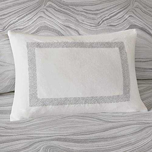 Madison Park Signature Glam Cozy Comforter Set - All Season Bedding Combo Filled Insert and Removable Duvet Cover, Shams, Decorative Pillows, Metallic White King(110"x96") 10 Piece Madison Park
