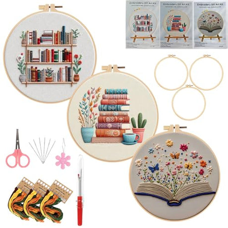 Embroidery Kit for Adults, Pre-Stamped Pattern Embroidery Kit for Beginners, Needlepoint Starter Kit with Hoop Thread Needle Instruction, 7.9'' Hoop (Book Lover 3 Packs) Generic