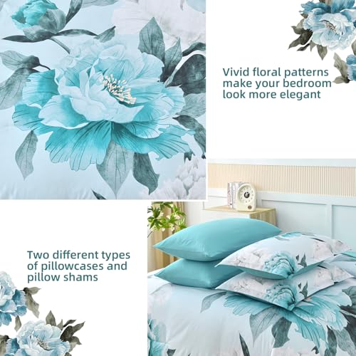 Dobuyly Floral Comforter Set Queen Size 7 Piece Bed in a Bag, Aqua Flowers Printed on Light Blue Comforter Set with Sheets, Soft Polyester Botanical Complete Bedding Set for All Season Dobuyly