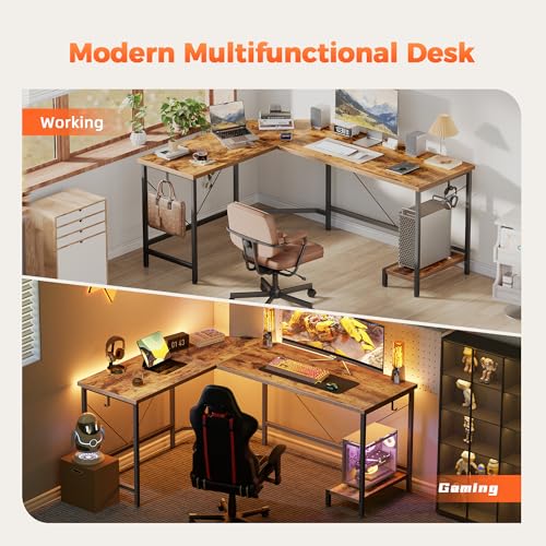 Mericonia 50 inch Large L Shaped Desk, Simple Corner Gaming Desk with CPU Stand & Hooks, Computer Desk for Home, Bedroom & Office Workspace, Dark Brown Mericonia
