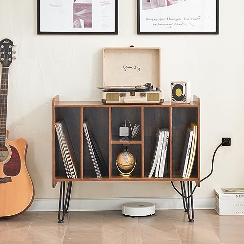 Leesingdo Large Record Player Stand with Vinyl Storage, Retro Brown Record Player Table with Power and USB Port, Holds Up to 200 Albums, Turntable Stand Vinyl Record Player Storage Cabinet Leesingdo