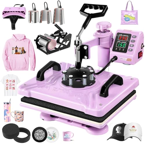 AKEYDIY 8 in 1 Heat Press Machine Professional Sublimation Machine 12" X 15"Swing Away Shirt Printing Heat Transfer Digital Industrial-Quality Heat Press Machine for T Shirts Mug Hat Plate Pink Purple AKEYDIY