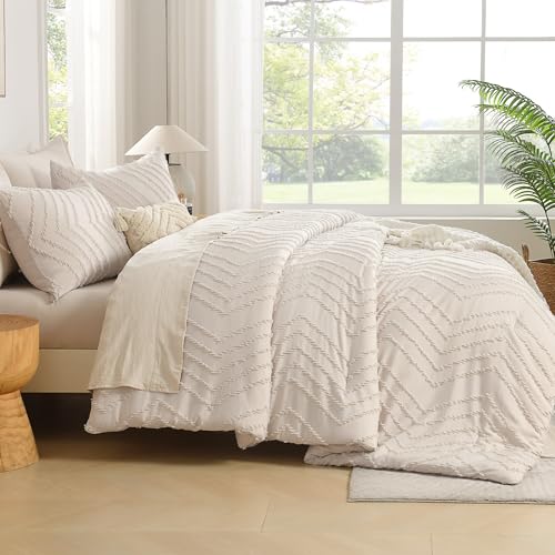 Andency Twin/Twin XL Comforter Set Beige, Twin Bed Comforter for College Dorm Girls Boys Kids Boho Cream Soft Warm Cute Neutral Comforter, 2 Pieces Aesthetic Chevron Bohemian Bedding Set Andency