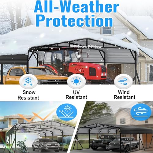 12x25FT Metal Car Port, Extended Carport 12x25 Heavy Duty with Reinforced Frame & Side Support Poles for All-Weather, Large Carport for Pickup Trucks, Boats, Cars & Tractors WUKHG